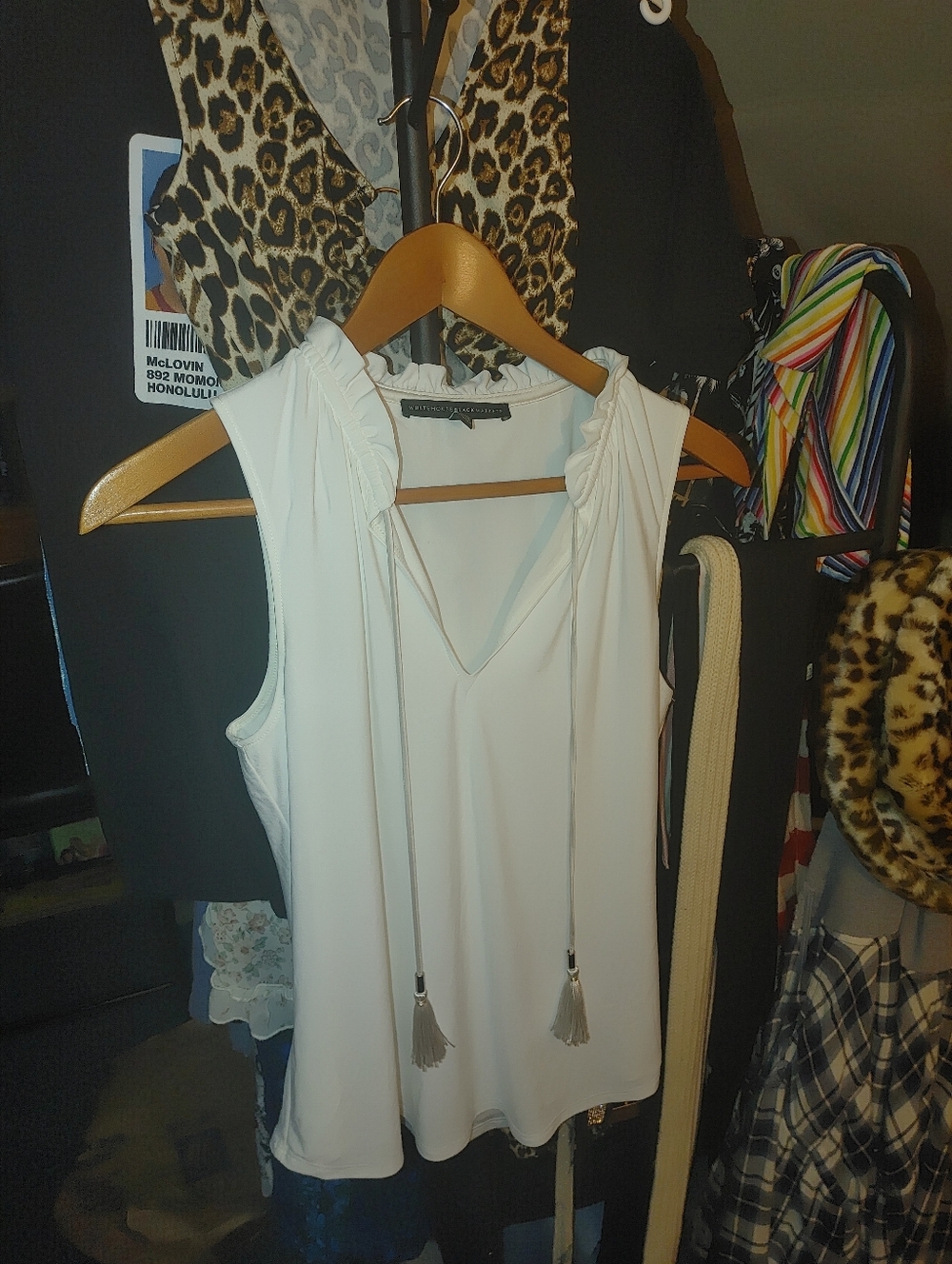 White Tassel-Accent Sleeveless Blouse